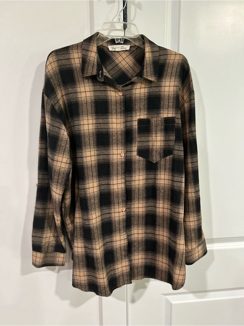 Vine & Love Black and Tan Plaid Button-Down Shirt